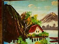 Close-up of painted lakeside cottage scene on central glass panel