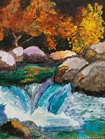 Close-up of waterfall, rocks and autumn trees in painting