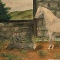 Front view of framed painting showing horse scene and signature