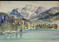 Full view of signed watercolour painting showing mountain, lake and signature