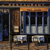 Close view of painting showing Chez Julien façade, restaurant sign, outdoor tables and color details