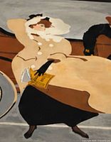 Close-up of painted woman in cream coat exiting carriage