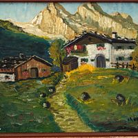 Close view of painting showing farmhouse, barn, meadow and mountain peaks