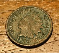 Obverse of 1890 Indian Head Cent showing Liberty profile and date 1890