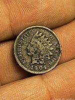 Obverse view of 1904 Indian Head cent showing Liberty profile and date