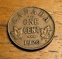 Reverse side showing CANADA ONE CENT 1920 and maple leaves