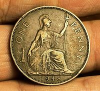 Reverse of 1948 one penny showing seated Britannia design and date