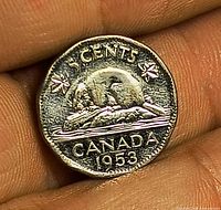 Reverse showing beaver, denomination 5 cents, date 1953
