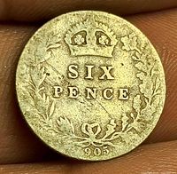 Reverse side showing crown over SIX PENCE within wreath and 1905 date