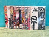 Front view of all ten Avengers comic issues lined in a row