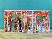 Front covers of all twelve bagged The New Titans comics arranged side by side