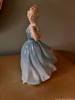 Front three-quarter view of porcelain figurine dressed in light blue gown