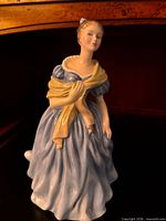 Front three-quarter view of Adrienne figurine showing dress, shawl, pose