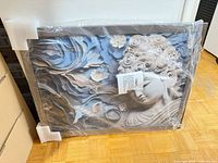 Front view of framed canvas print wrapped in plastic with corner protectors