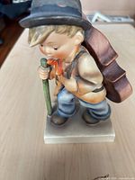Front/side view of figurine showing boy with walking stick and backpack