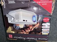 Front of worn retail box showing projector image, HD 720p, Bluetooth, HDMI, USB icons