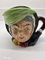 Front view showing Sairey Gamp face, green headscarf, bow