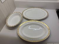 Group shot of three oval serving pieces showing pattern and relative sizes