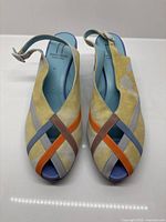 Top view of both shoes showing multicolour upper and peep toe