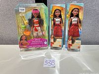 Front view of all three boxed Moana dolls