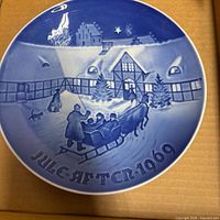 Front of blue and white porcelain plate with Jule Aften 1969 scene