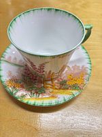 Teacup and saucer showing floral countryside pattern and green rim