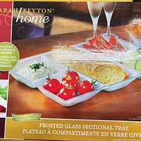 Box front showing Sarah Peyton frosted glass sectional serving tray image and branding