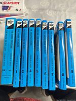 All nine Hardy Boys blue-spine paperbacks lined up showing titles and volume numbers