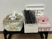 overview of entire lot: bins, hangers, flatware tray, caddy, string lights