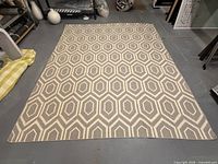 Full view of rug laid flat on floor showing overall condition and pattern