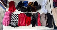 Full overview of gloves and earmuffs laid out on table