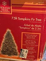 Box of Holiday Home Accents 7.5ft Tompkins Fir tree showing specifications