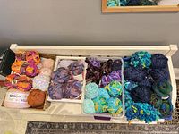 Top view of entire yarn assortment in bench