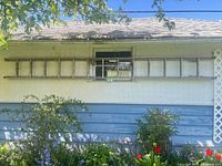 Full view of aluminum straight ladder mounted on exterior wall