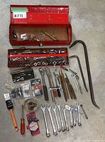 full layout of toolbox, sockets, wrenches, files, pry bars and accessories