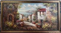 Full view of framed Mediterranean village oil painting