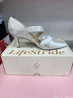 Side view of one heel on box showing overall style and finish