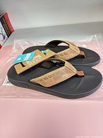 Top view of both sandals showing straps, footbed, retail tags