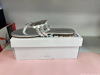 Side view of one sandal on top of branded box