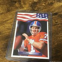Card front in plastic sleeve showing player image and flag banner