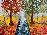 Front view showing entire painting with autumn trees and stream