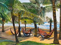 Full view of painting showing entire beach scene on canvas