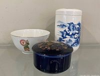 overview of three porcelain items: bowl, tea caddy, lidded box