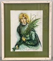 Full view of framed signed print in white frame, green mat