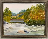Full view of framed oil painting showing landscape scene and signature