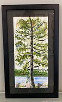 Full view of framed watercolour showing pine tree scene