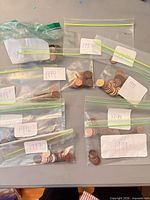 Seven bags of Canadian pennies labelled by year, laid out on table