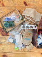 Full view of lot: burlap bags, ribbons, beads, dowels, cord, basket