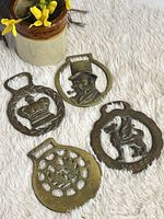 Group of four brass horse brasses on fabric surface