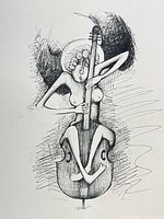full view of line drawing showing nude figure with cello